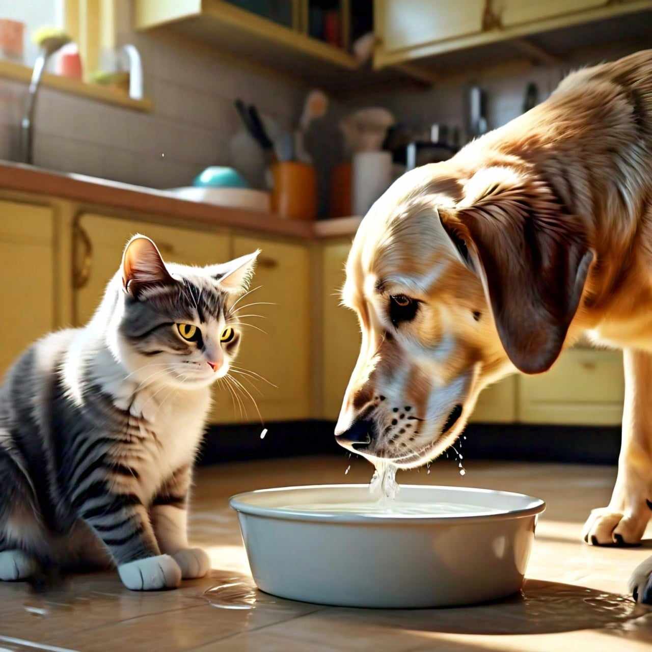 Can cats and dogs share water bowls? A grey tabby kitten and a large orange dog sharing a white ceramic water bowl